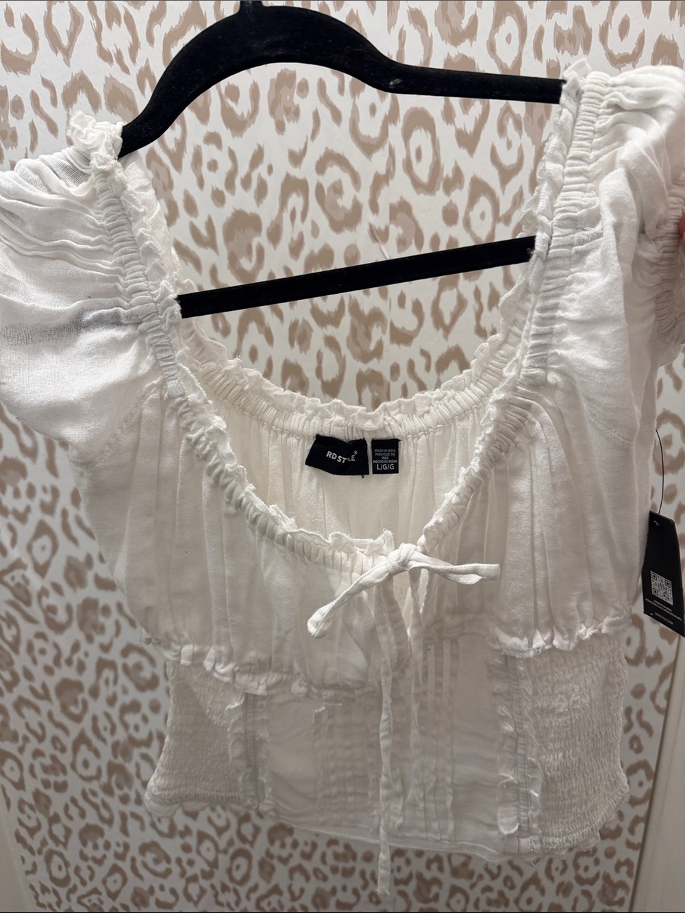 RD Style White Smocked Tie-Front Crop Top